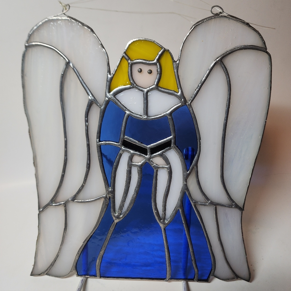 Stained Leaded Slag Glass Suncatcher Angel Praying Iridescent Handmade 
